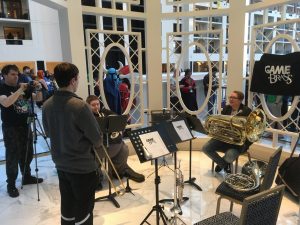 The Game Brass setup for a gazebo performance at MAGfest 2018
